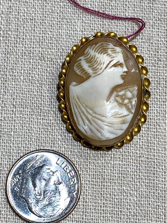 Italian Hand Carved Shell Cameo Brooch in Gold Fi… - image 7