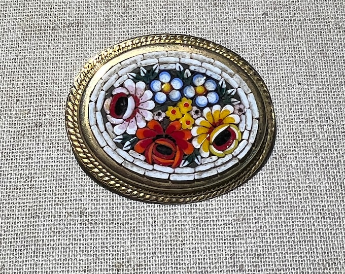 Unsigned Italian Glass Micro Mosaic Brooch in Gold Tone Frame