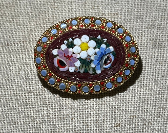 Italian Glass Micro Mosaic Floral Design Brooch in Oval Setting