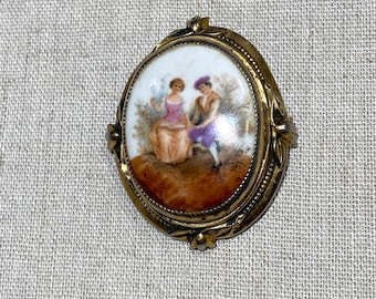 Slightly Bent Courtship Scene Transfer on Porcelain Brooch