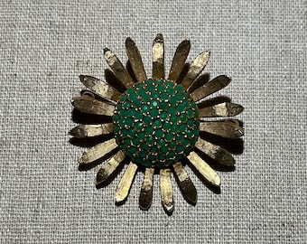 Signed Les Bernard Inc. Green Rhinestone Flower Brooch