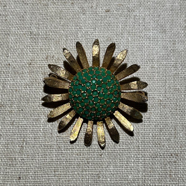 Signed Les Bernard Inc. Green Rhinestone Flower Brooch