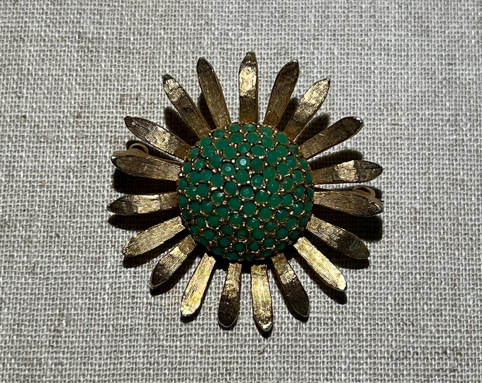 Signed Les Bernard Inc. Green Rhinestone Flower Brooch