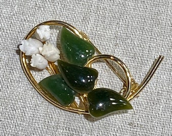 Vintage Jade and Carved White Coral Brooch