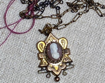 Antique Victorian Hard Stone Cameo Pendant on Chain