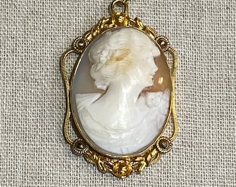 Van Dell Hand Carved Portrait Shell Cameo Locket Pendant