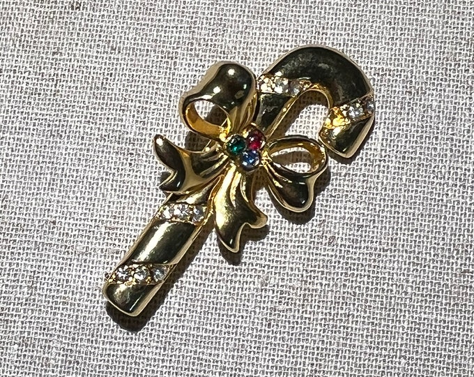 Vintage Signed Merksamer Christmas Rhinestone Candy Cane Brooch