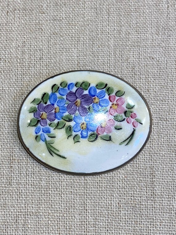 Hand Painted Flowers on Enamel Oval Brooch - image 2