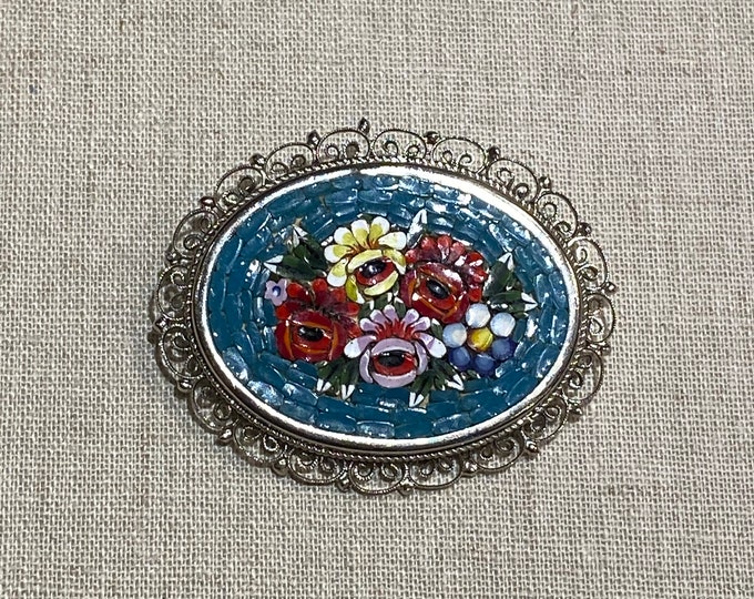 Italian Micro Mosaic Glass Brooch In Filigree Frame