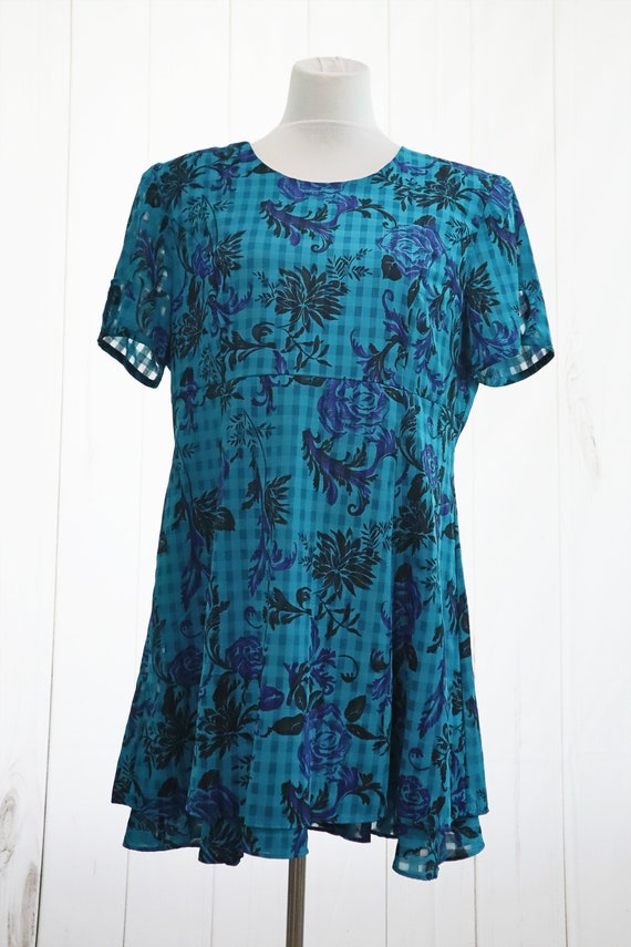 90s Mini Dress XL XXL Checkered Blue Floral Vinta… - image 4