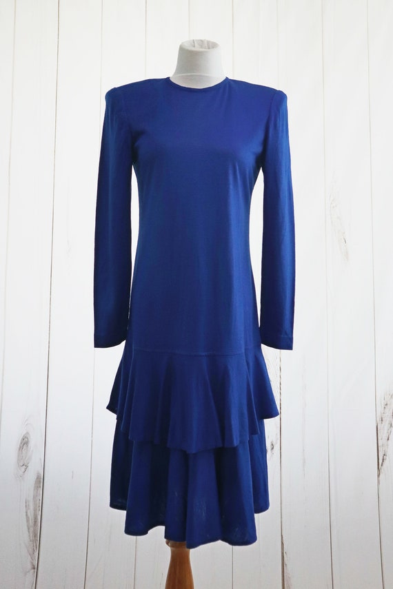 60s Royal Blue Dress Medium Drop Waist Vintage 70… - image 5