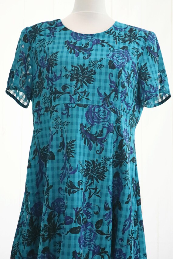90s Mini Dress XL XXL Checkered Blue Floral Vinta… - image 3