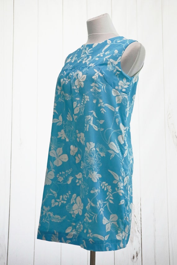 60s Mini Dress Medium Sky Blue White Vintage Shif… - image 3