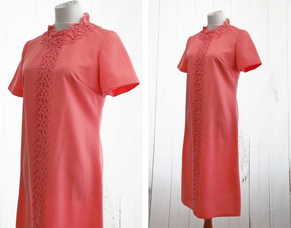 60s Mod Dress Large Medium Dark Coral Pink Vintag… - image 3