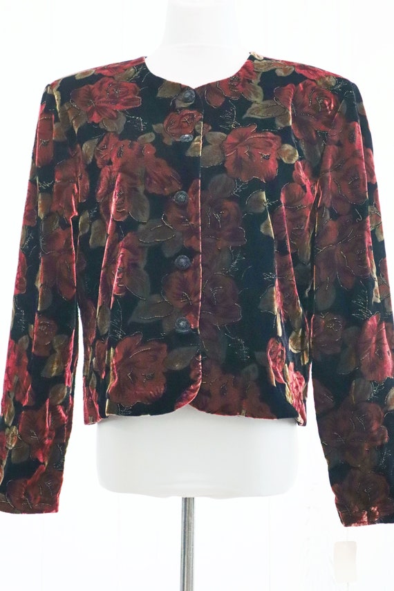 80s Velvet Blazer Jacket Large XL Black Floral Ro… - image 2
