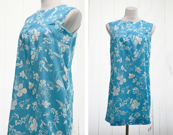 60s Mini Dress Medium Sky Blue White Vintage Shif… - image 1