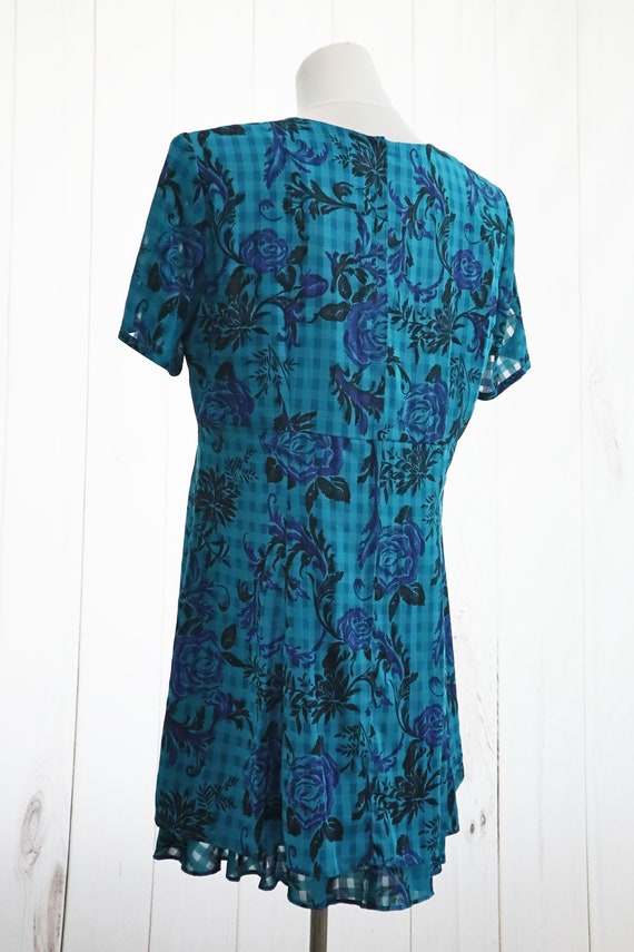 90s Mini Dress XL XXL Checkered Blue Floral Vinta… - image 5