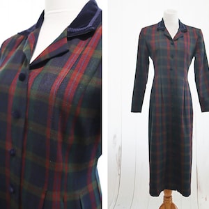 Vintage Dark Academia Dress Medium Large 90s Plaid 1990s Grunge Style 80s Teacher Librarian Costume 1980s Blue Red Long Sleeve Button Down