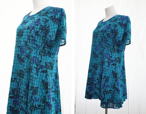 90s Mini Dress XL XXL Checkered Blue Floral Vinta… - image 2