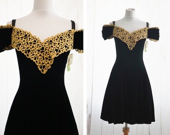 DEADSTOCK 80s Party Dress Small Vintage 1980s Prom Evening Gown Black Velvet Gold Cocktail Mini Style Formal Full Skirt Tulle New!