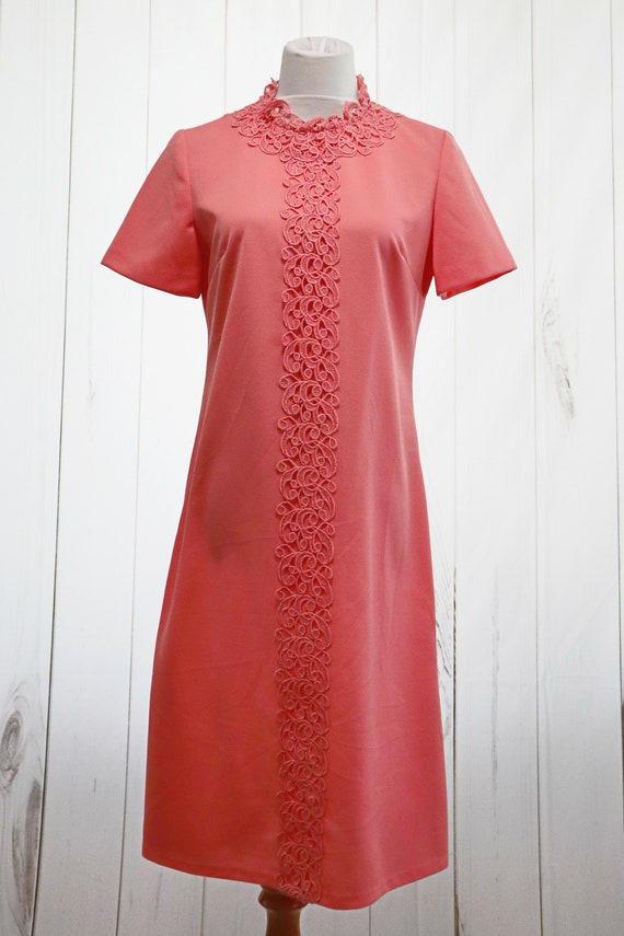 60s Mod Dress Large Medium Dark Coral Pink Vintag… - image 5