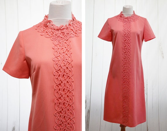 60s Mod Dress Large Medium Dark Coral Pink Vintag… - image 1