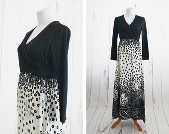 60s Gown Maxi Dress Medium Small 70s Mod Formal Evening Black and White Floral Long Sleeve Designer Alex Colman 1960s 1970s Retro Style