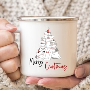Merry Catmas Cat Tree Camping Mug, Enamel Holiday Mug, Funny Xmas Cat Mug, Cute Christmas Present, Cat Lover, Tis the season, Cat Christmas