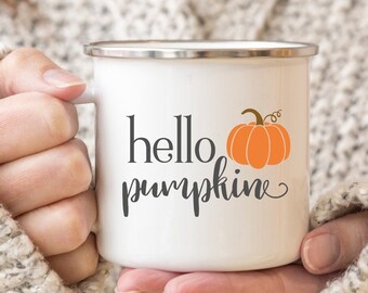 Hello Pumpkin Camping Mug, Cute Fall Mug, Pumpkin Mug, Autumn Mug, Coffee Mug, Enamel Mug, Fall gift, Farmhouse Style Mug, Tea Mug