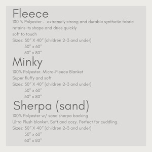 Op de afbeelding: Een tabel met een overzicht van de verschillende soorten fleecedekens die beschikbaar zijn, waaronder fleece, minky en sherpa. De tabel geeft de materiaal samenstelling, de beschrijving en de beschikbare maten in inches.