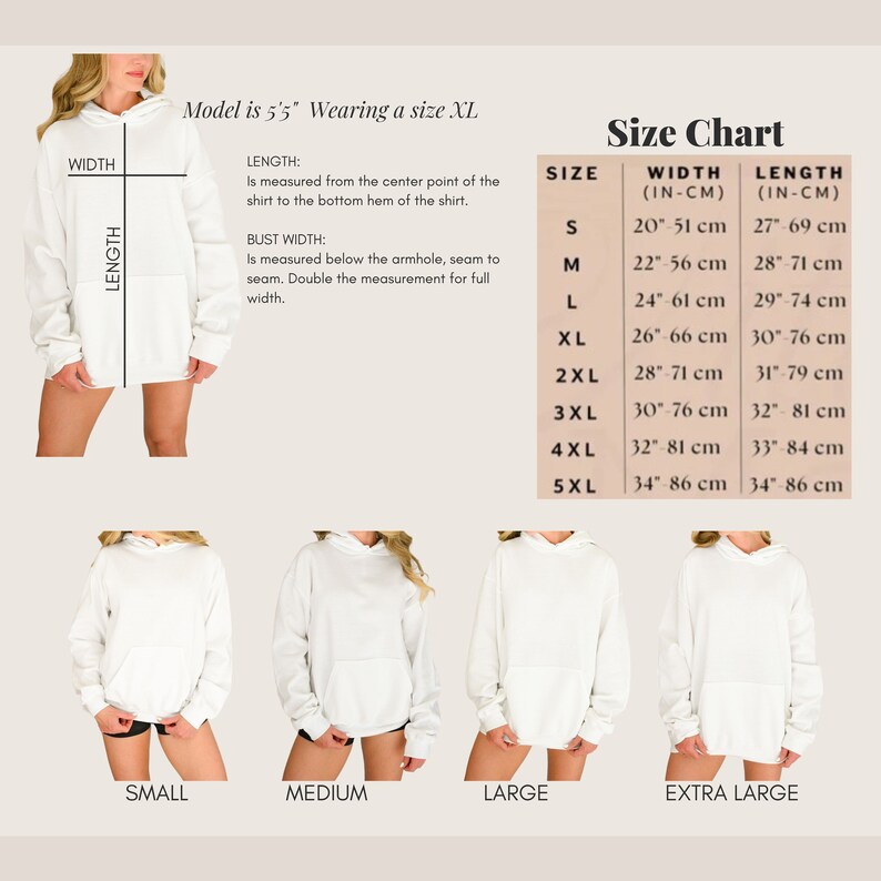 May include: Size chart for a white hooded sweatshirt with measurements in inches and centimetres. The chart shows the width and length of the sweatshirt in different sizes, from small to 5XL.
