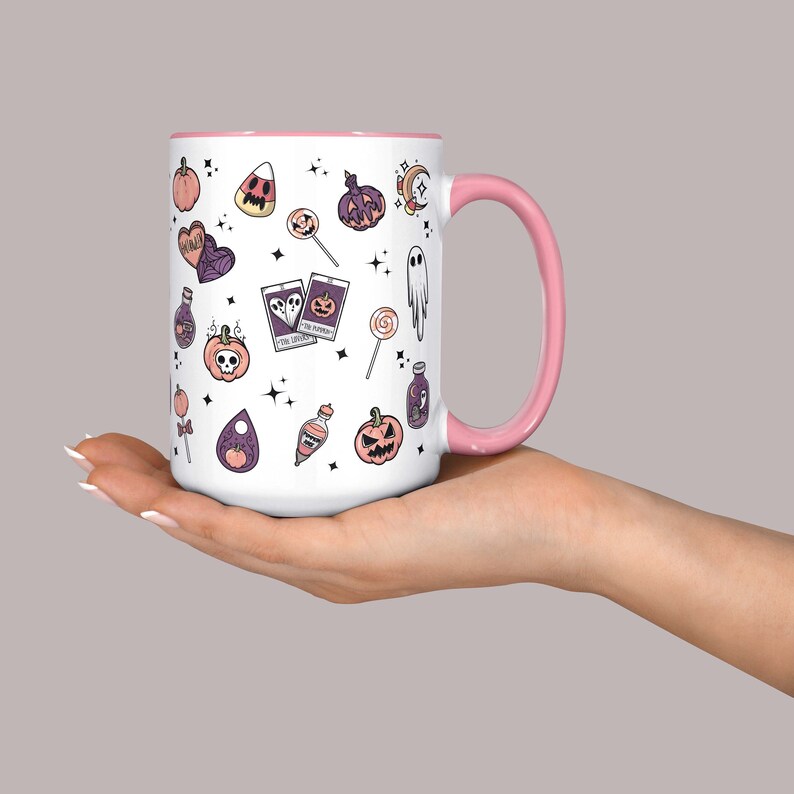 Cute Halloween Mug, Halloween Camping Mug, Halloween Mug, Cute Ghost Mug, Candy Corn, Pumpkin Mug, Cute Fall Mug, Halloween Pumpkin Mug 15oz pink handle