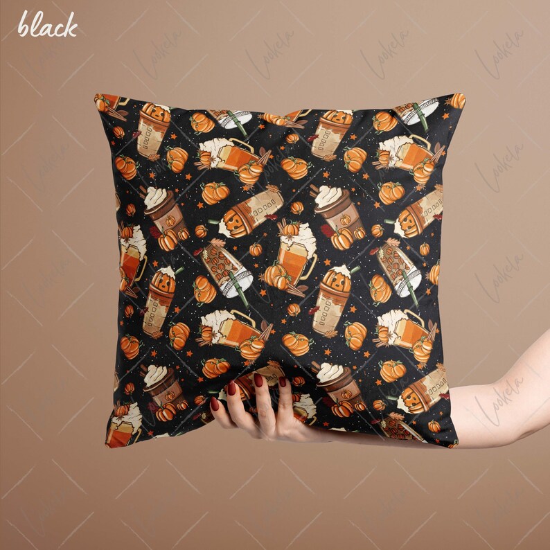 May include: Black throw pillow with a repeating pattern of pumpkin spice lattes, pumpkins, and cinnamon sticks.