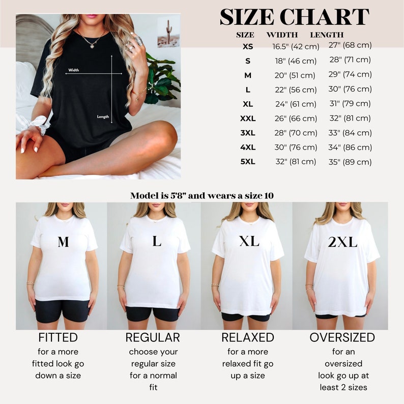 Puede incluir: Tabla de tallas para camisetas con medidas en pulgadas y cent&iacute;metros. La tabla muestra el ancho y la longitud de cada talla desde XS hasta 5XL. La tabla tambi&eacute;n incluye una representaci&oacute;n visual de c&oacute;mo quedan las camisetas, con ejemplos de estilos ajustados, regulares, holgados y de gran tama&ntilde;o.