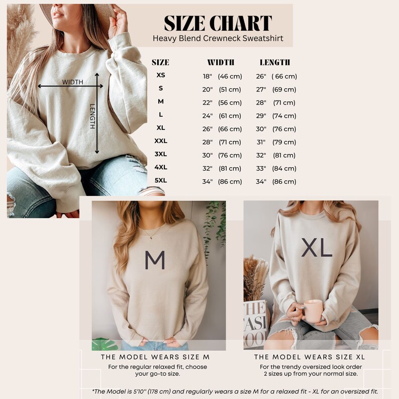 May include: Size chart for a heavy blend crewneck sweatshirt. The chart shows the width and length measurements in inches and centimetres for sizes XS to 5XL. The model is wearing a size M and a size XL sweatshirt.