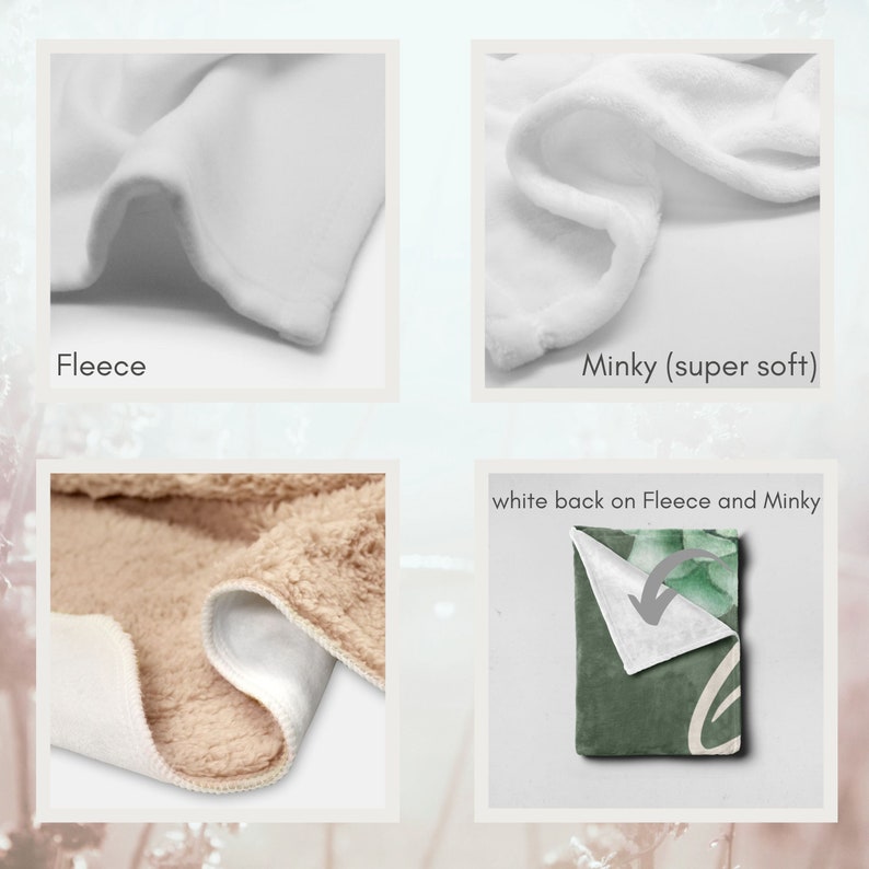 Op de afbeelding: Close-up van een witte fleece stof, een witte minky stof en een witte achterkant op een fleece en minky stof. De tekst "white back on Fleece and Minky" is zichtbaar.