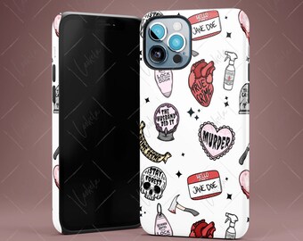 May include: White iPhone case with a pattern of true crime themed illustrations. The illustrations include a heart with the word "murder" on it, a skull, an axe, a spray bottle, a name tag that says "Hello Jane Doe", and a crystal ball with the text "The Husband Did It".