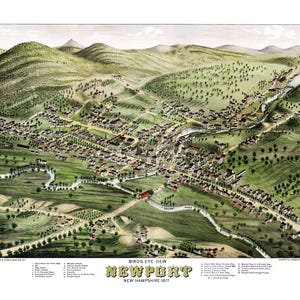 Newport, New Hampshire en 1877 - carte avec vue plongeante, aérienne, panorama, vintage, antiquité, reproduction, giclée, beaux-arts, carte murale, histoire