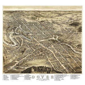 Douvres, New Hampshire en 1877 - carte avec vue plongeante, aérienne, panorama, vintage, antiquité, reproduction, giclée, beaux-arts, histoire, art mural
