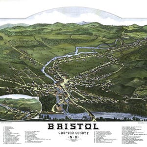 Bristol, New Hampshire en 1884 - carte aérienne, panorama, vintage, antiquité, reproduction, giclée, encadré, beaux-arts
