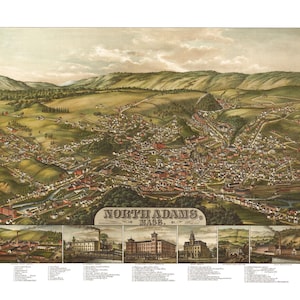 North Adams, Massachusetts in 1881 - Bird&#39;s Eye View, Aerial, Panorama, Vintage, Antique, Reproduction, Giclée, Fine Art. Wall Map, History