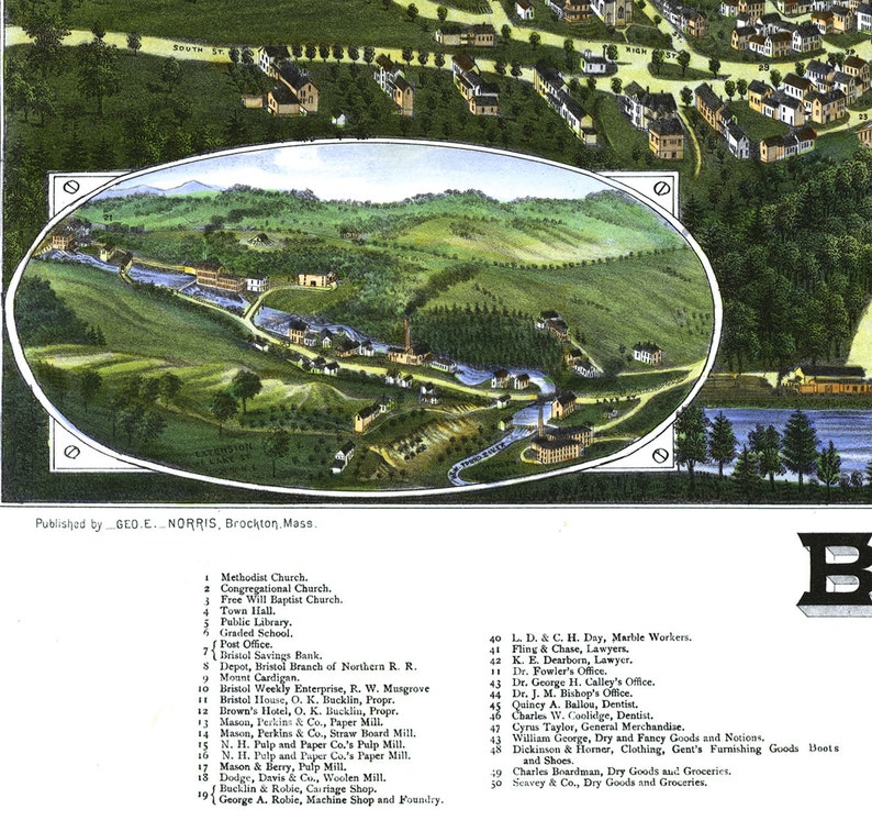 Bristol, New Hampshire in 1884 Bird's Eye View Map, Aerial, Panorama, Vintage, Antique