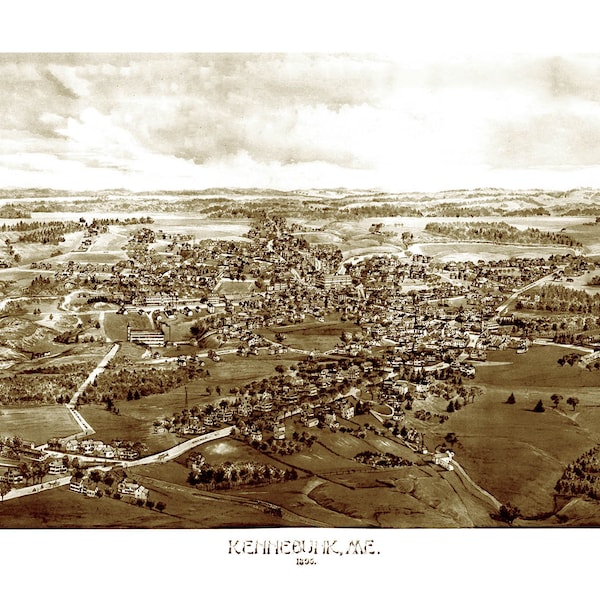 Kennebunk, Maine in 1895 - Bird's Eye View Map, Aerial, Panorama, Vintage, Antique, Reproduction, Giclée, Framable, Fine Art
