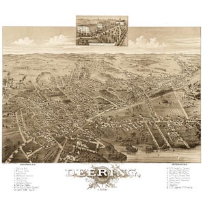 Deering, Maine in 1886 - Bird&#39;s Eye View Map, Aerial, Panorama, Vintage, Antique, Reproduction, Giclée, Fine Art, Wall Art