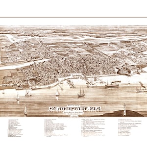 May include: An antique sepia-toned map of St. Augustine, Florida, showing the city's layout and surrounding waterways. The map includes a key with numbered locations of various buildings and landmarks.