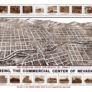 Reno, Nevada en 1907 - Vue à vol d'oiseau, Carte, Aérien, Panorama, vintage, Antiquités, Beaux-arts, Art mural