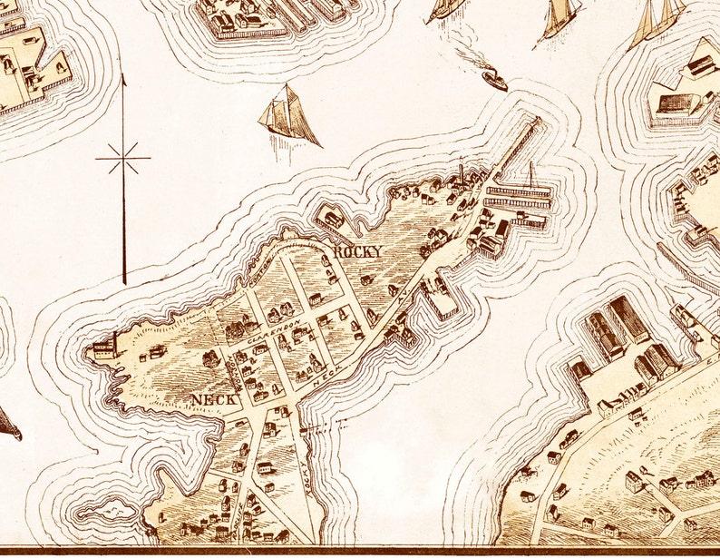 May include: An antique map of a coastal area with a compass rose and the words "Rocky Neck" and "Rocky" printed on the map.