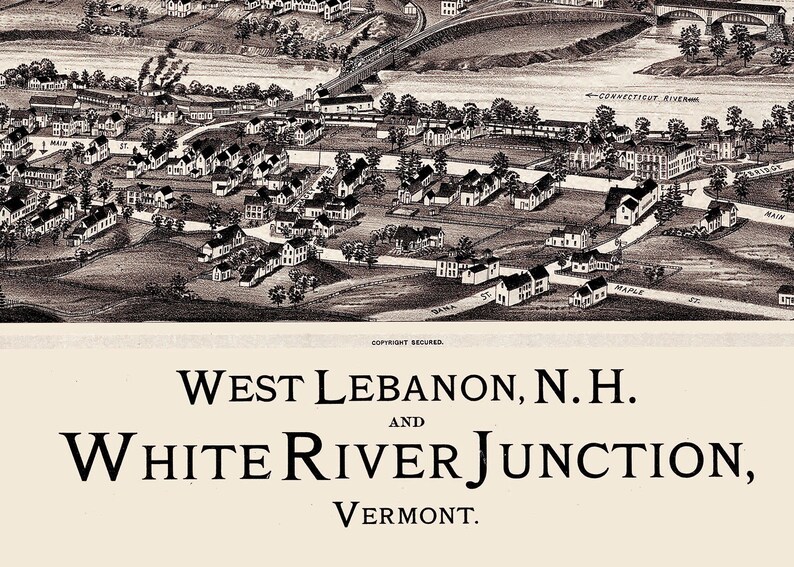 West Lebanon, New Hampshire & White River Junction, Vermont in 1883 Bird's Eye, Aerial, Panorama