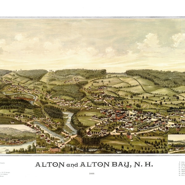 Alton & Alton Bay, New Hampshire in 1888 - Bird's Eye View Map, Aerial, Panorama, Vintage, Antique, Reproduction, Giclée, Framable, Fine Art