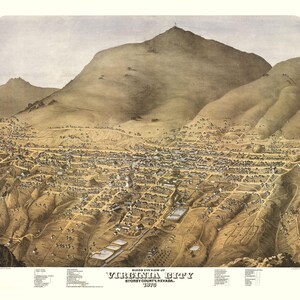 Virginia City, Nevada en 1875 - Vue aérienne, aérienne, panorama, vintage, carte ancienne, reproduction, giclée, beaux-arts, carte murale, histoire